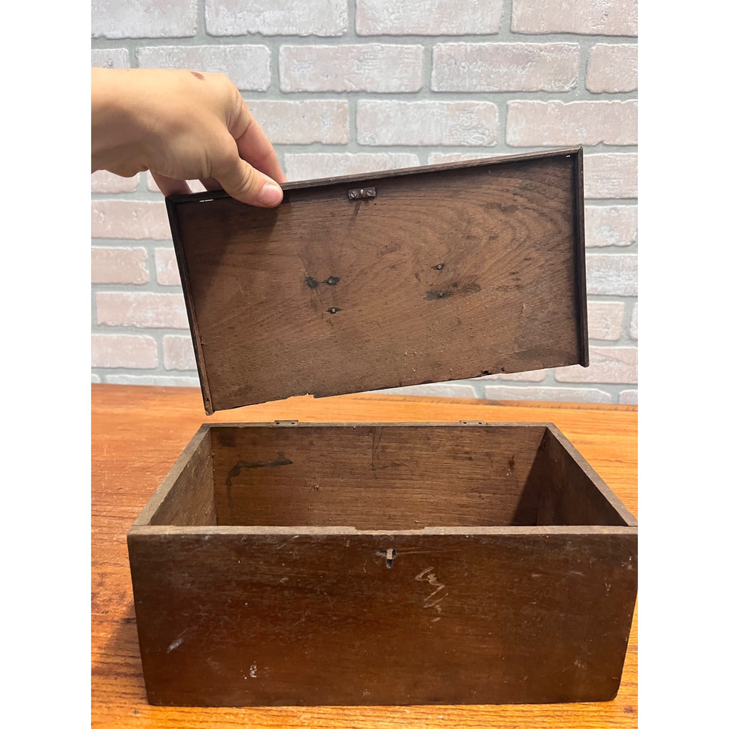 Antique Primitive Wooden Lock Box Hinged Storage Chest w/ Brass Handle - As-Is