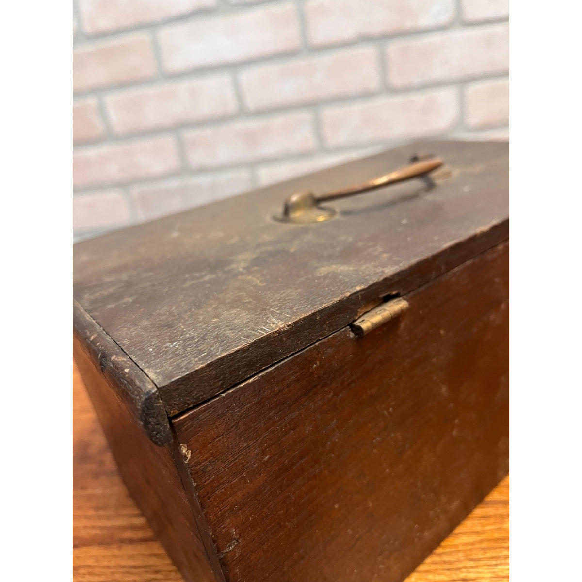 Antique Primitive Wooden Lock Box Hinged Storage Chest w/ Brass Handle - As-Is