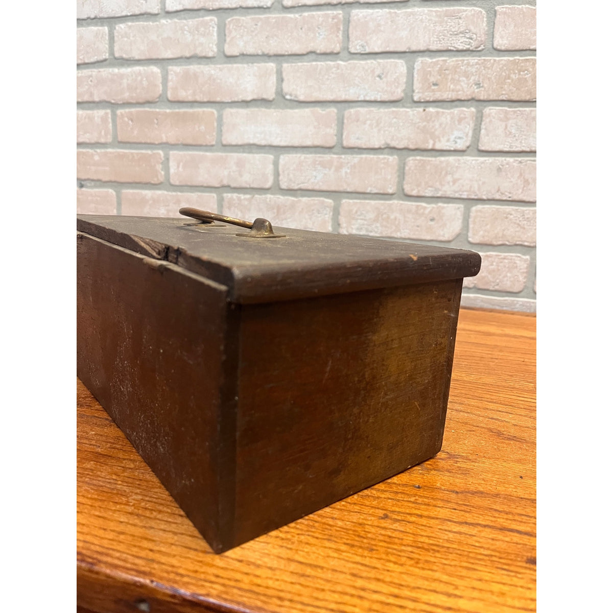 Antique Primitive Wooden Lock Box Hinged Storage Chest w/ Brass Handle - As-Is