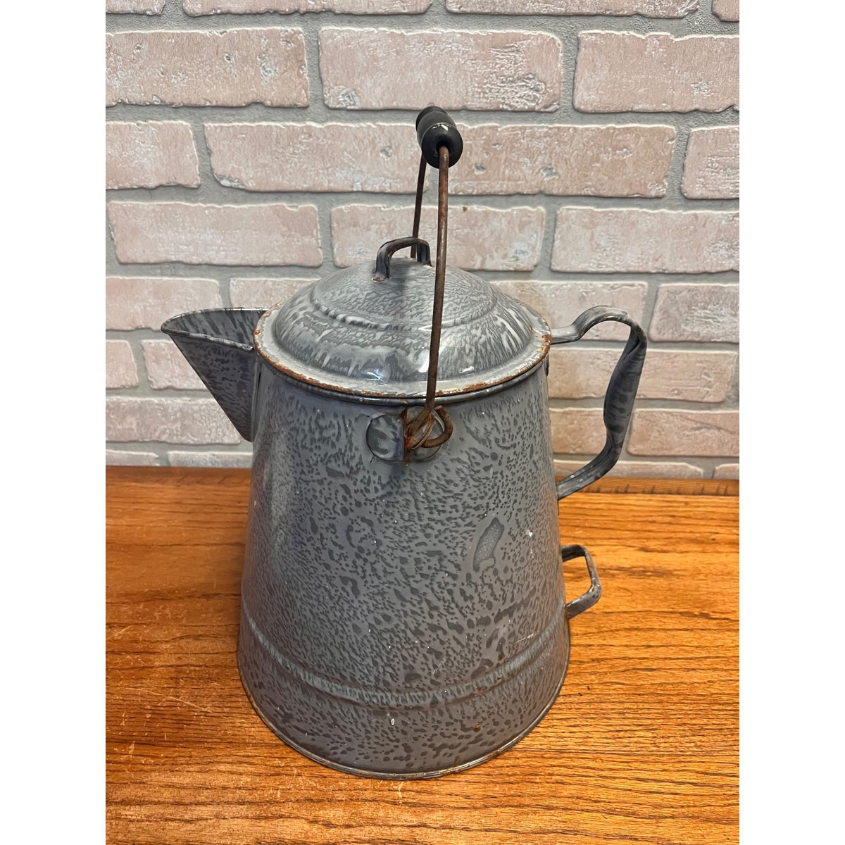Antique Primitive Farmhouse Gray Graniteware Enamelware LARGE Cowboy Coffee Pot