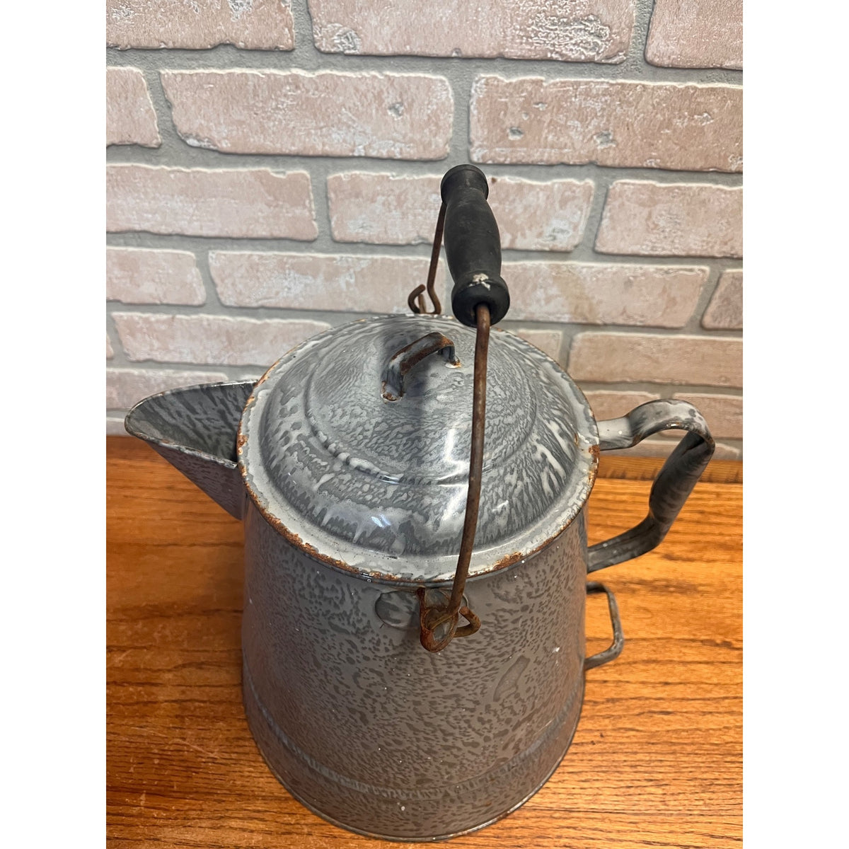 Antique Primitive Farmhouse Gray Graniteware Enamelware LARGE Cowboy Coffee Pot