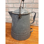 Antique Primitive Farmhouse Gray Graniteware Enamelware LARGE Cowboy Coffee Pot