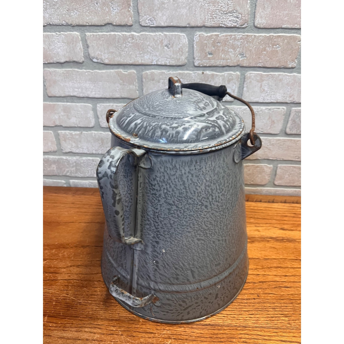 Antique Primitive Farmhouse Gray Graniteware Enamelware LARGE Cowboy Coffee Pot