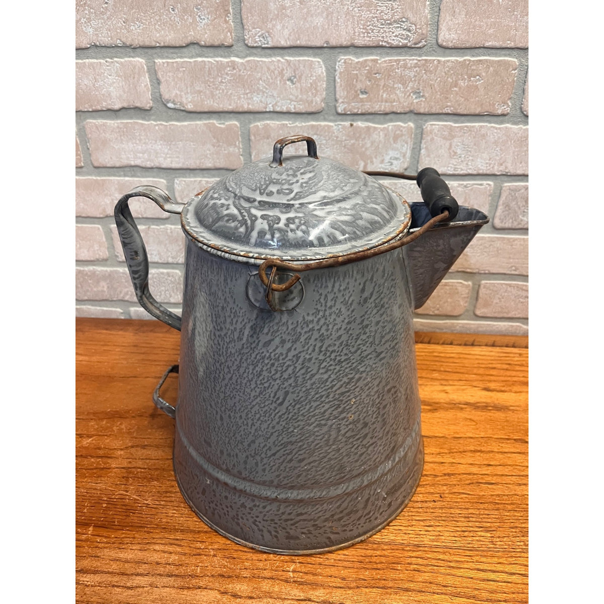 Antique Primitive Farmhouse Gray Graniteware Enamelware LARGE Cowboy Coffee Pot