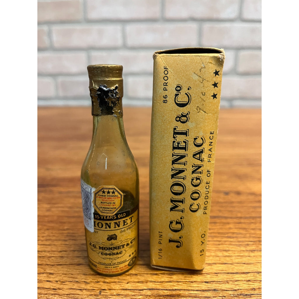 Vintage J.G. Monnet Cognac Miniature 4.5" Glass Bottle w/ Box Collectible Empty