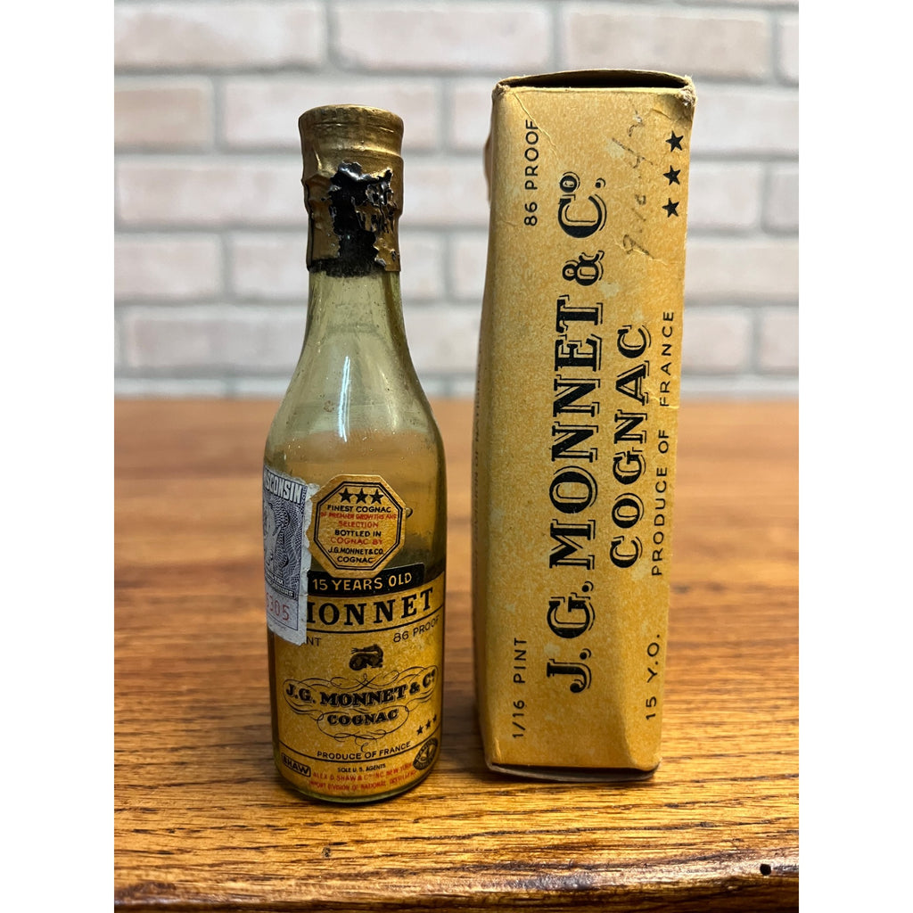 Vintage J.G. Monnet Cognac Miniature 4.5" Glass Bottle w/ Box Collectible Empty