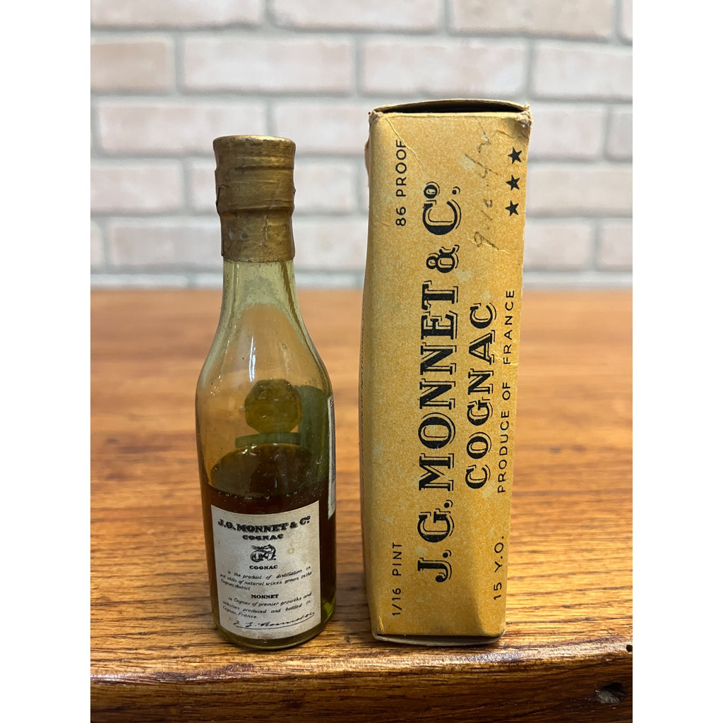 Vintage J.G. Monnet Cognac Miniature 4.5" Glass Bottle w/ Box Collectible Empty