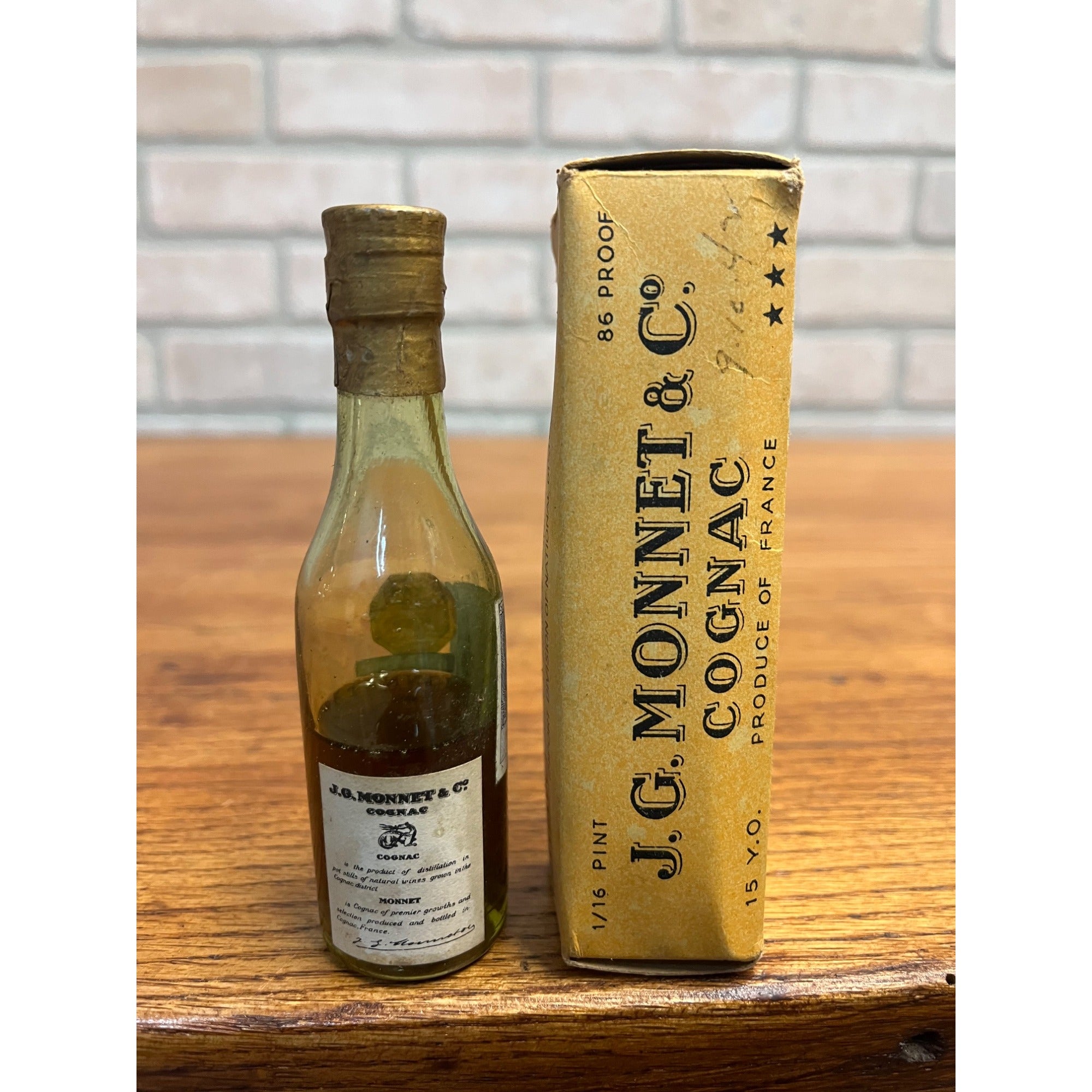 Vintage J.G. Monnet Cognac Miniature 4.5" Glass Bottle w/ Box Collectible Empty