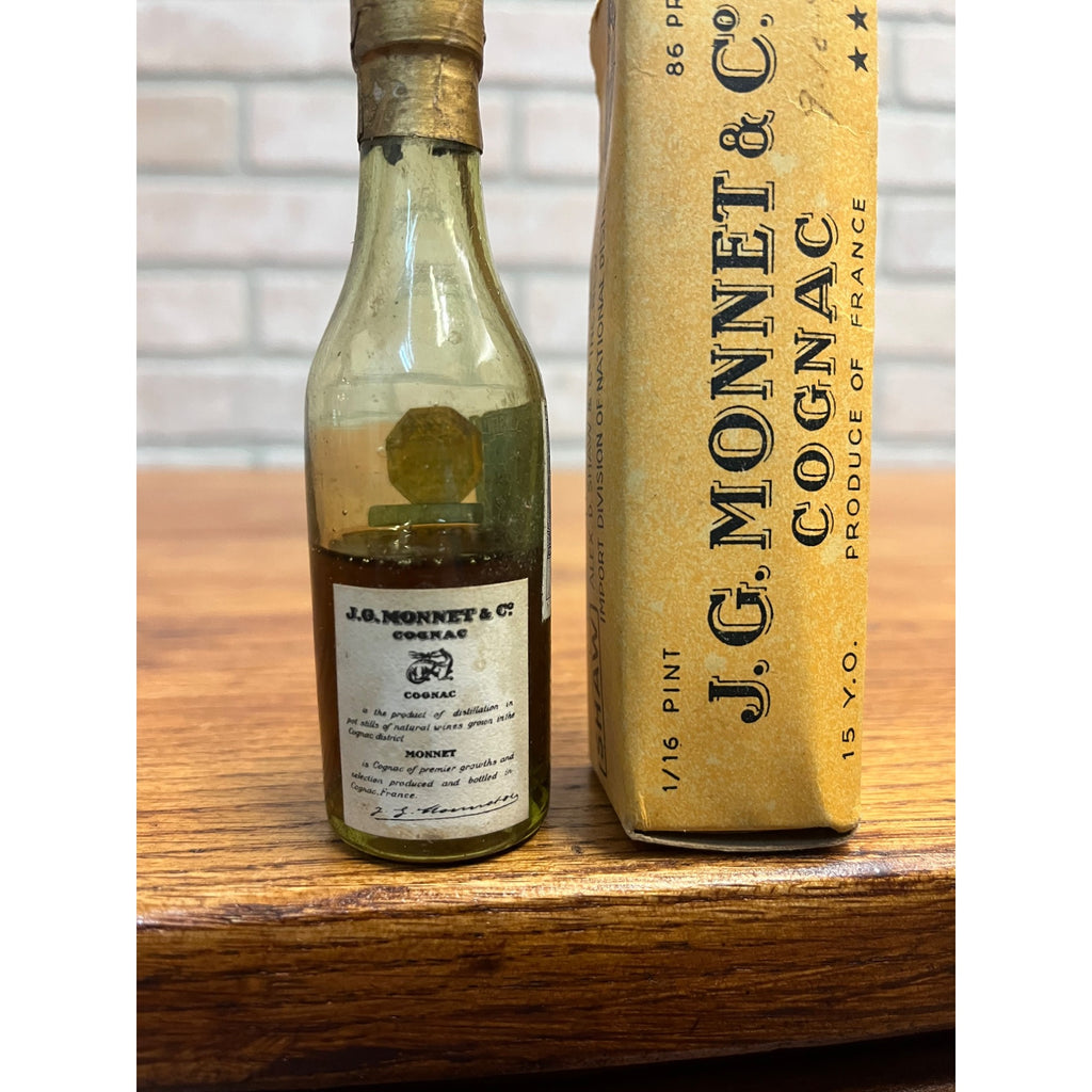 Vintage J.G. Monnet Cognac Miniature 4.5" Glass Bottle w/ Box Collectible Empty