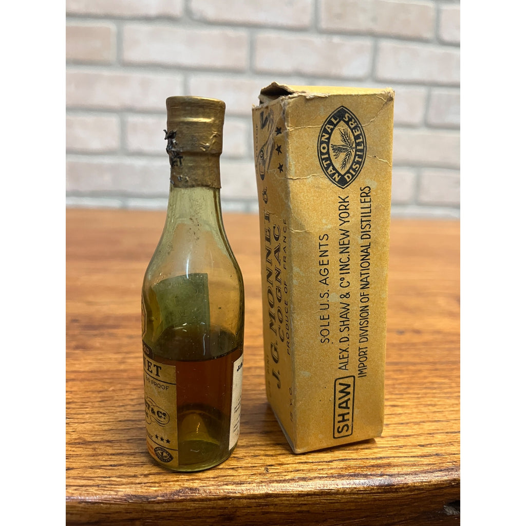 Vintage J.G. Monnet Cognac Miniature 4.5" Glass Bottle w/ Box Collectible Empty