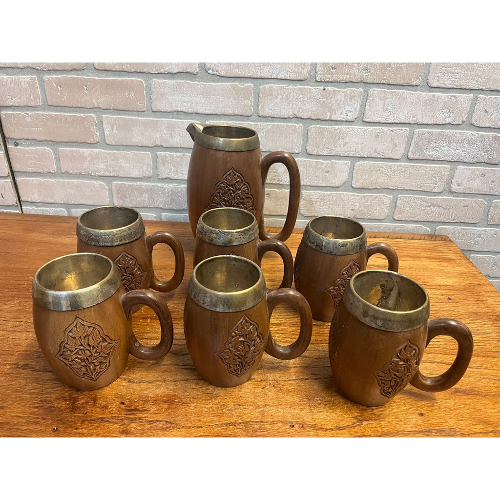 Vintage India / Kashmir Hand Carved Wooden Beer Mugs & Pitcher 7pc Set Barware