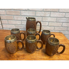 Vintage India / Kashmir Hand Carved Wooden Beer Mugs & Pitcher 7pc Set Barware