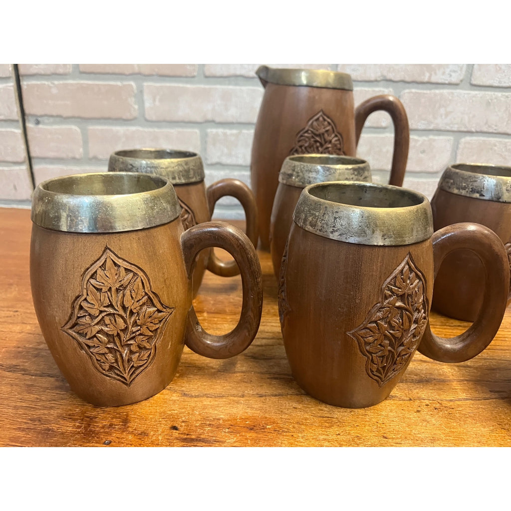 Vintage India / Kashmir Hand Carved Wooden Beer Mugs & Pitcher 7pc Set Barware