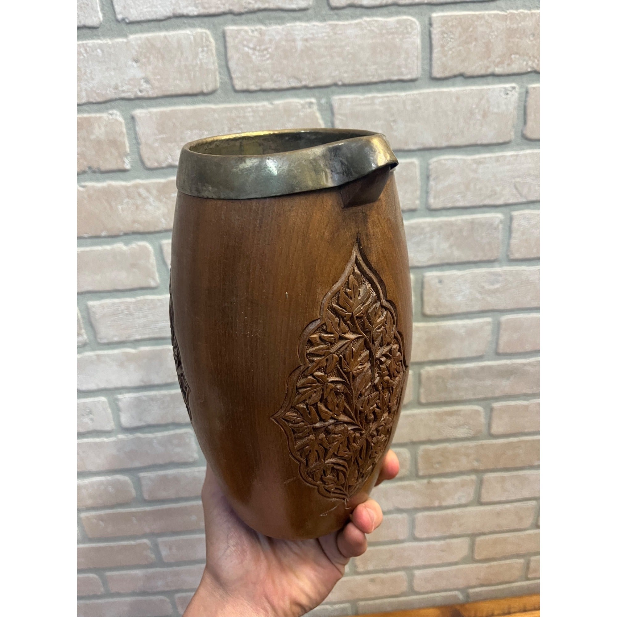 Vintage India / Kashmir Hand Carved Wooden Beer Mugs & Pitcher 7pc Set Barware