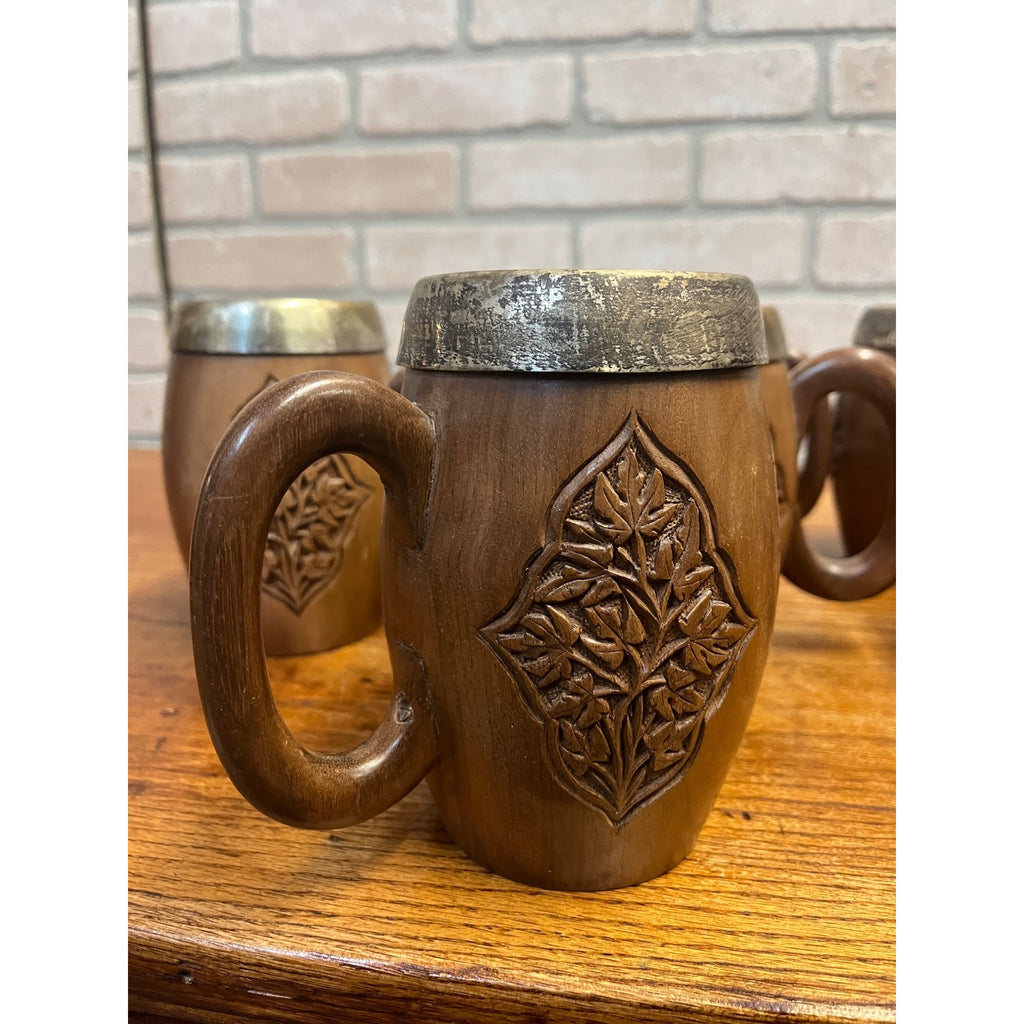 Vintage India / Kashmir Hand Carved Wooden Beer Mugs & Pitcher 7pc Set Barware