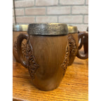 Vintage India / Kashmir Hand Carved Wooden Beer Mugs & Pitcher 7pc Set Barware