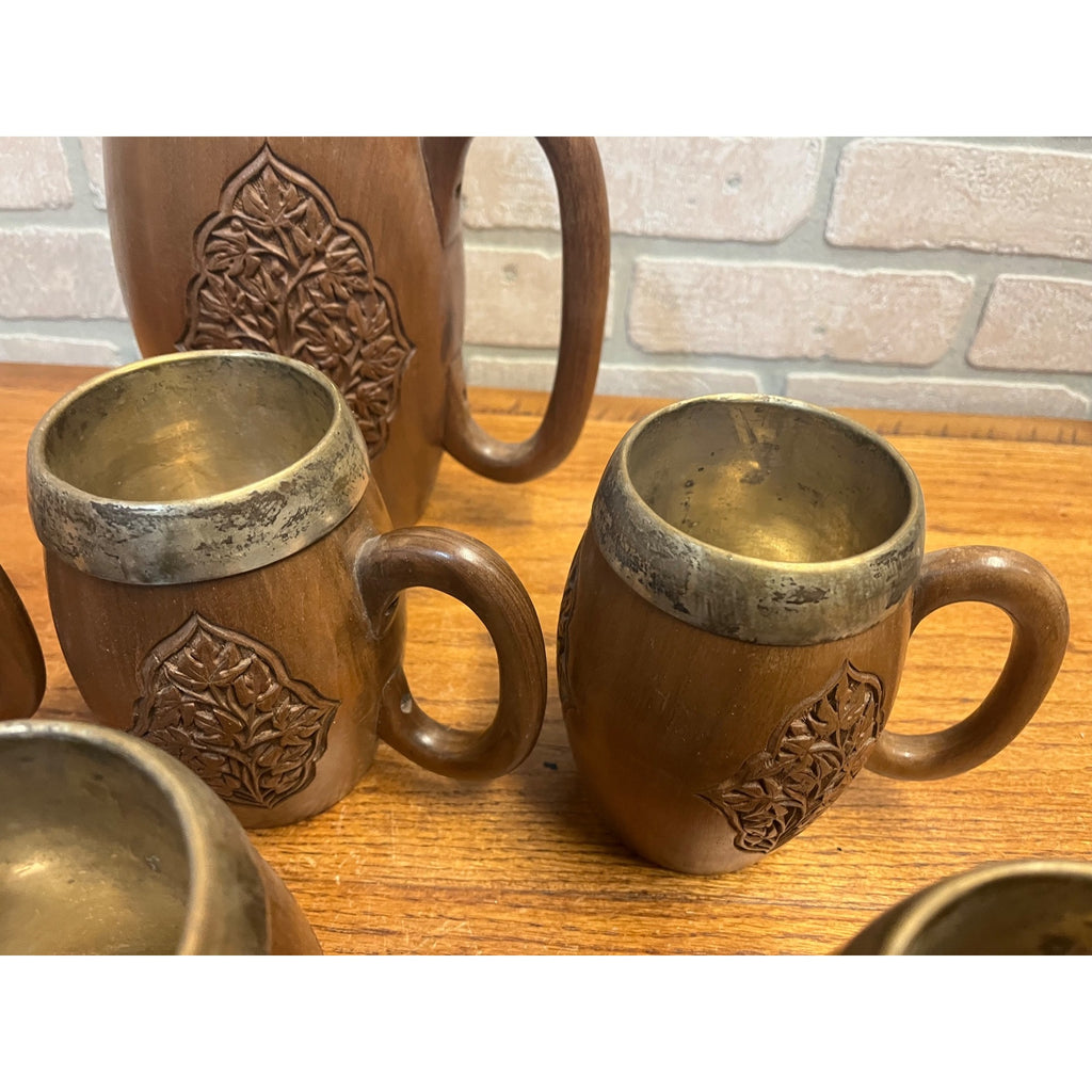 Vintage India / Kashmir Hand Carved Wooden Beer Mugs & Pitcher 7pc Set Barware