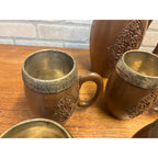 Vintage India / Kashmir Hand Carved Wooden Beer Mugs & Pitcher 7pc Set Barware