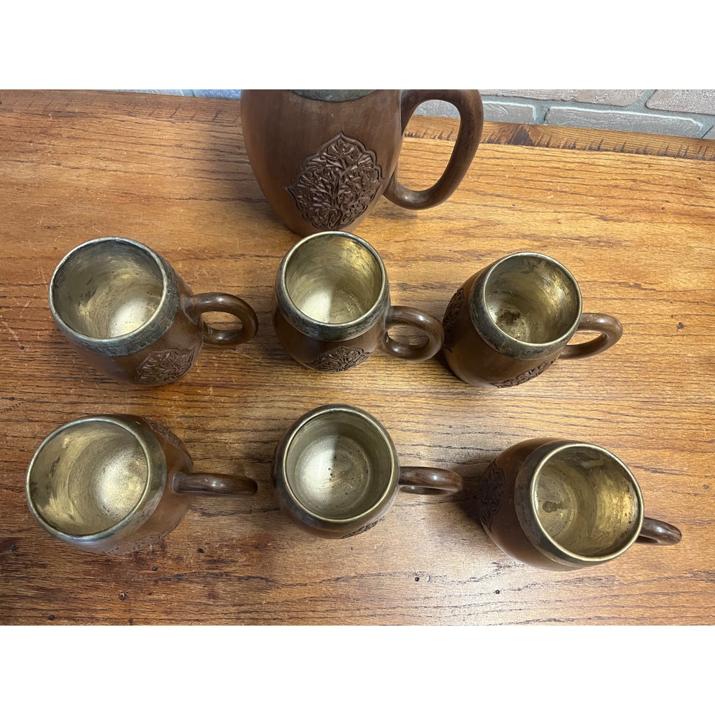 Vintage India / Kashmir Hand Carved Wooden Beer Mugs & Pitcher 7pc Set Barware