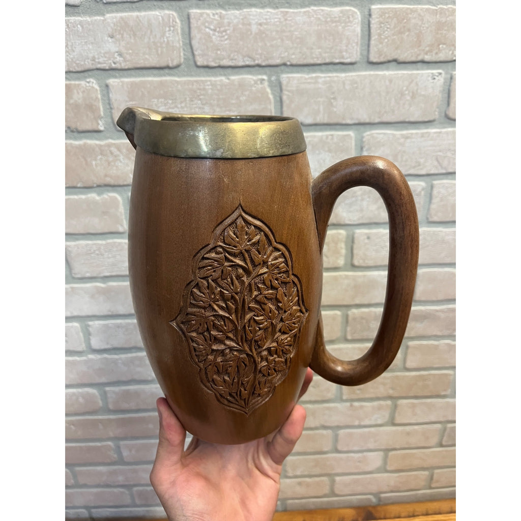 Vintage India / Kashmir Hand Carved Wooden Beer Mugs & Pitcher 7pc Set Barware
