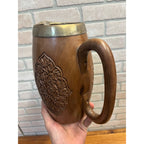 Vintage India / Kashmir Hand Carved Wooden Beer Mugs & Pitcher 7pc Set Barware