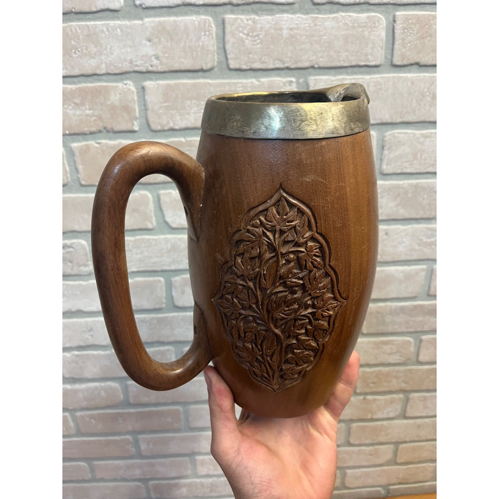 Vintage India / Kashmir Hand Carved Wooden Beer Mugs & Pitcher 7pc Set Barware