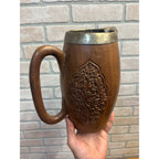 Vintage India / Kashmir Hand Carved Wooden Beer Mugs & Pitcher 7pc Set Barware