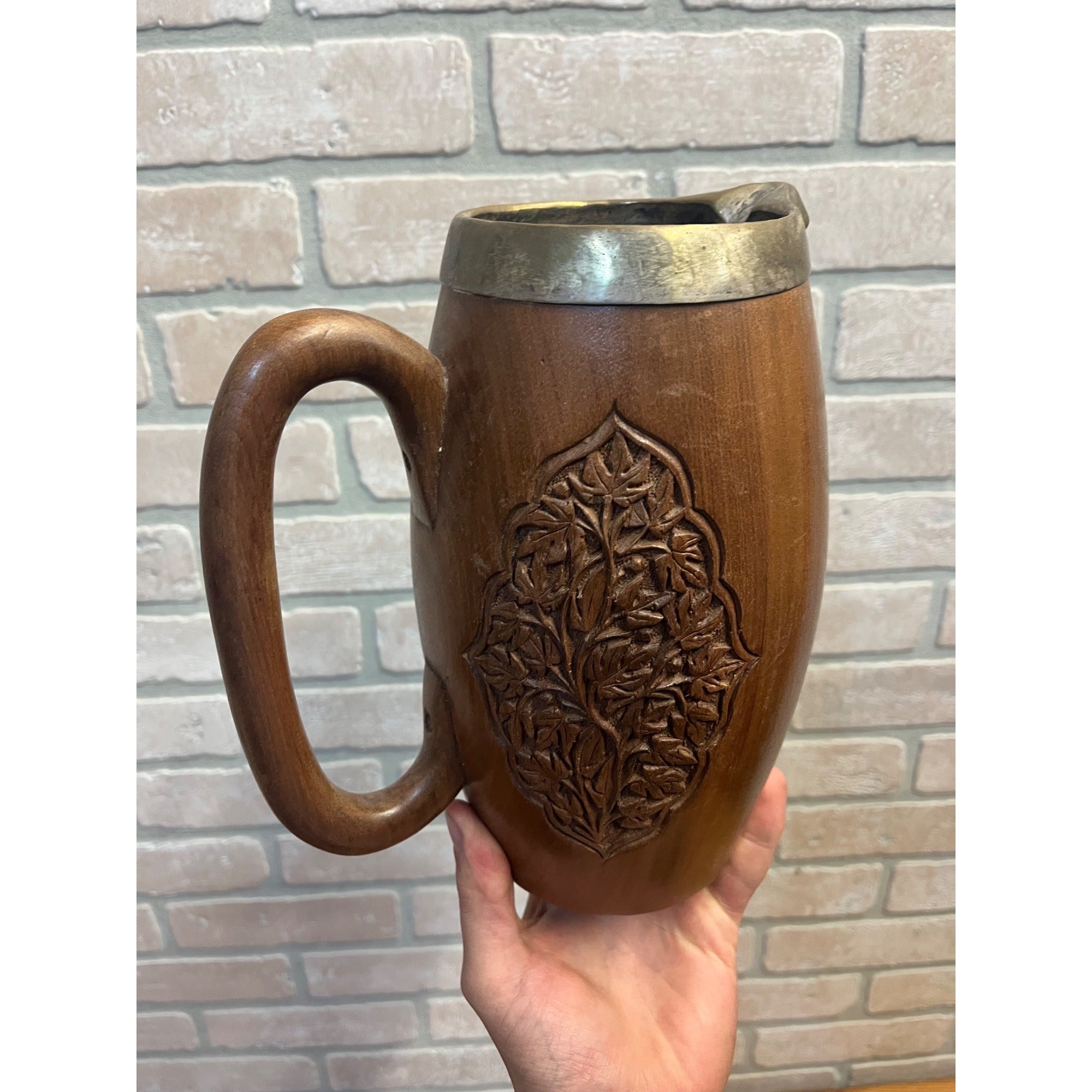 Vintage India / Kashmir Hand Carved Wooden Beer Mugs & Pitcher 7pc Set Barware