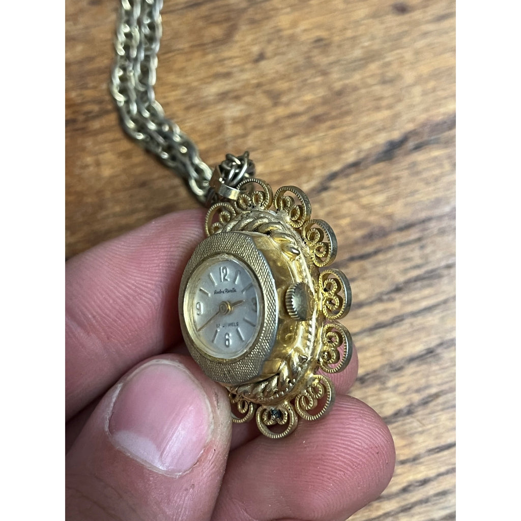 Vintage Andre Rivalle Gold Tone Cameo Watch Pendant Necklace 17 Jewel - Repair