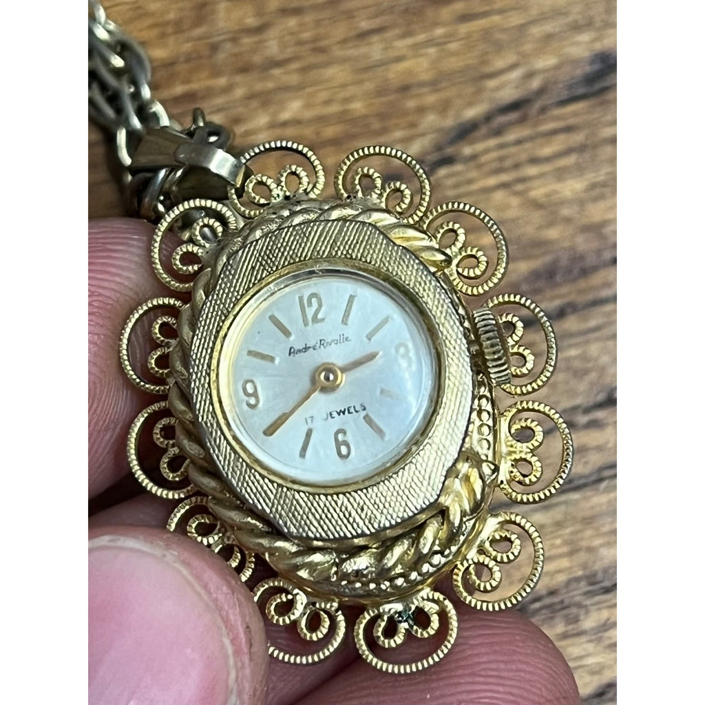 Vintage Andre Rivalle Gold Tone Cameo Watch Pendant Necklace 17 Jewel - Repair