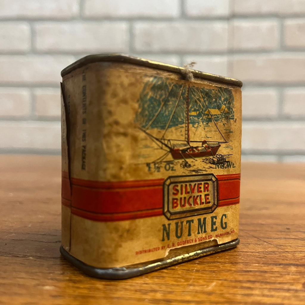 Vintage Silver Buckle Godfrey Milwaukee Wis Nutmeg Ship Boat Spice Tin Kitchen