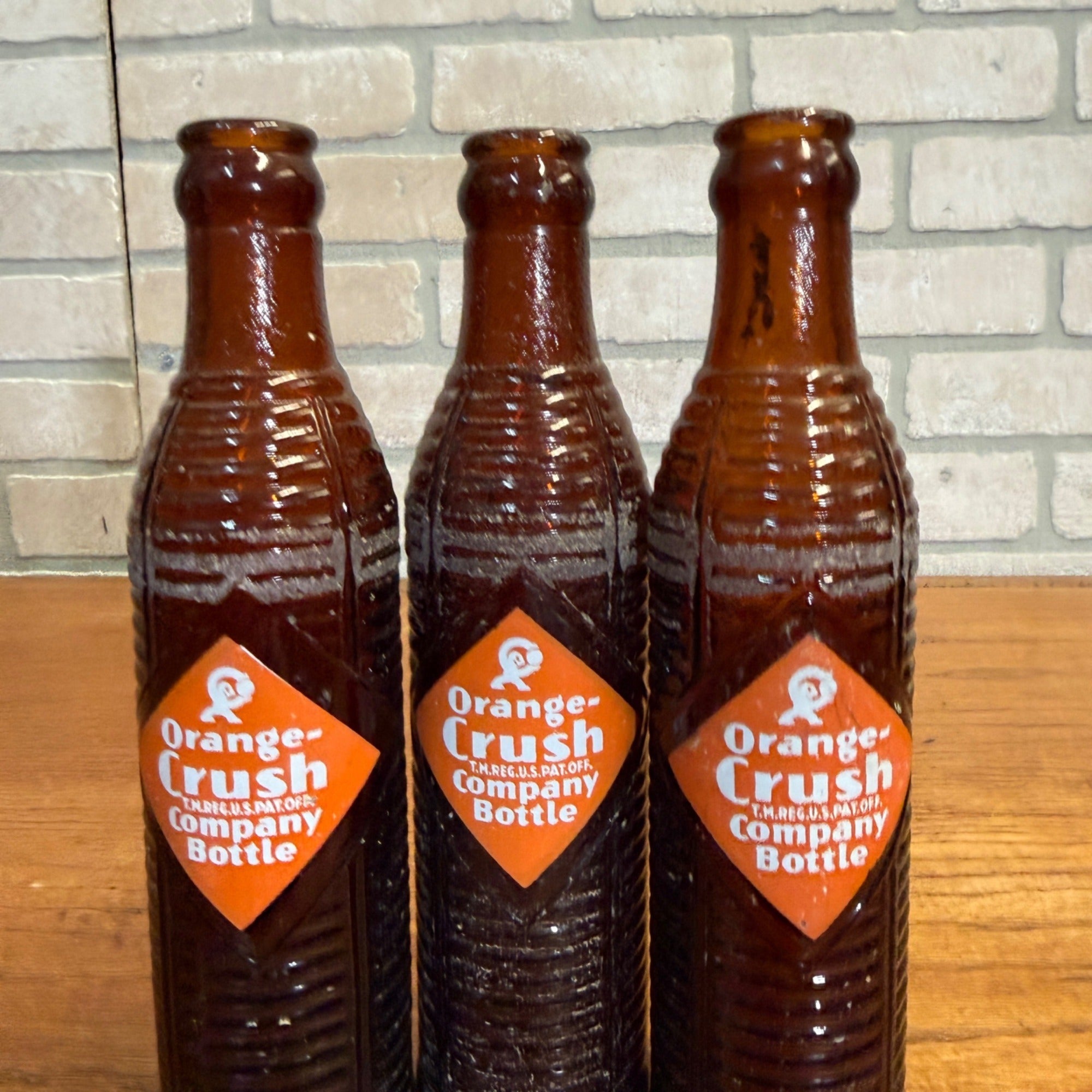 (3) 1930s Amber Orange Crush Soda Bottle Lot 6oz Kewaunee Wis 9" Tall