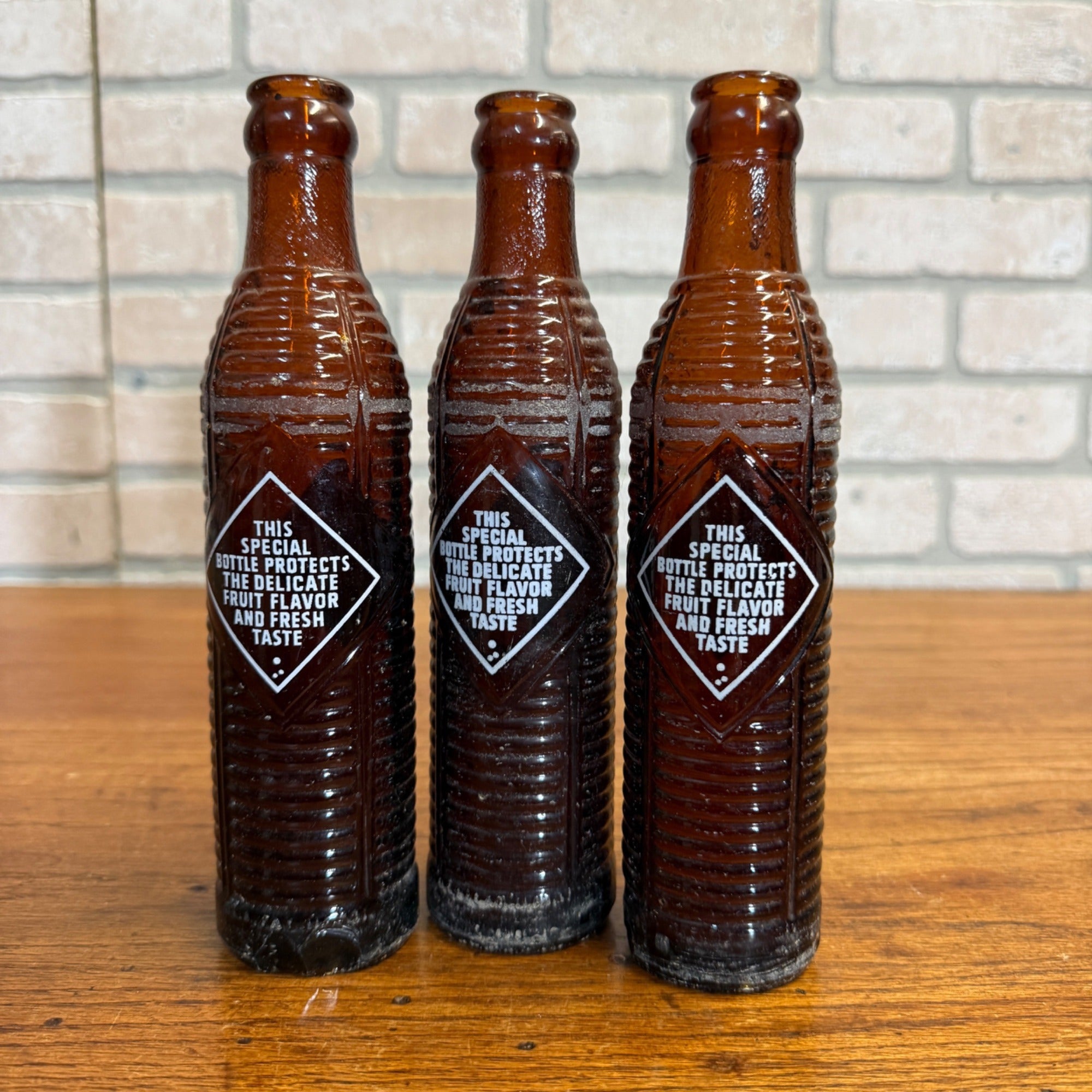 (3) 1930s Amber Orange Crush Soda Bottle Lot 6oz Kewaunee Wis 9" Tall