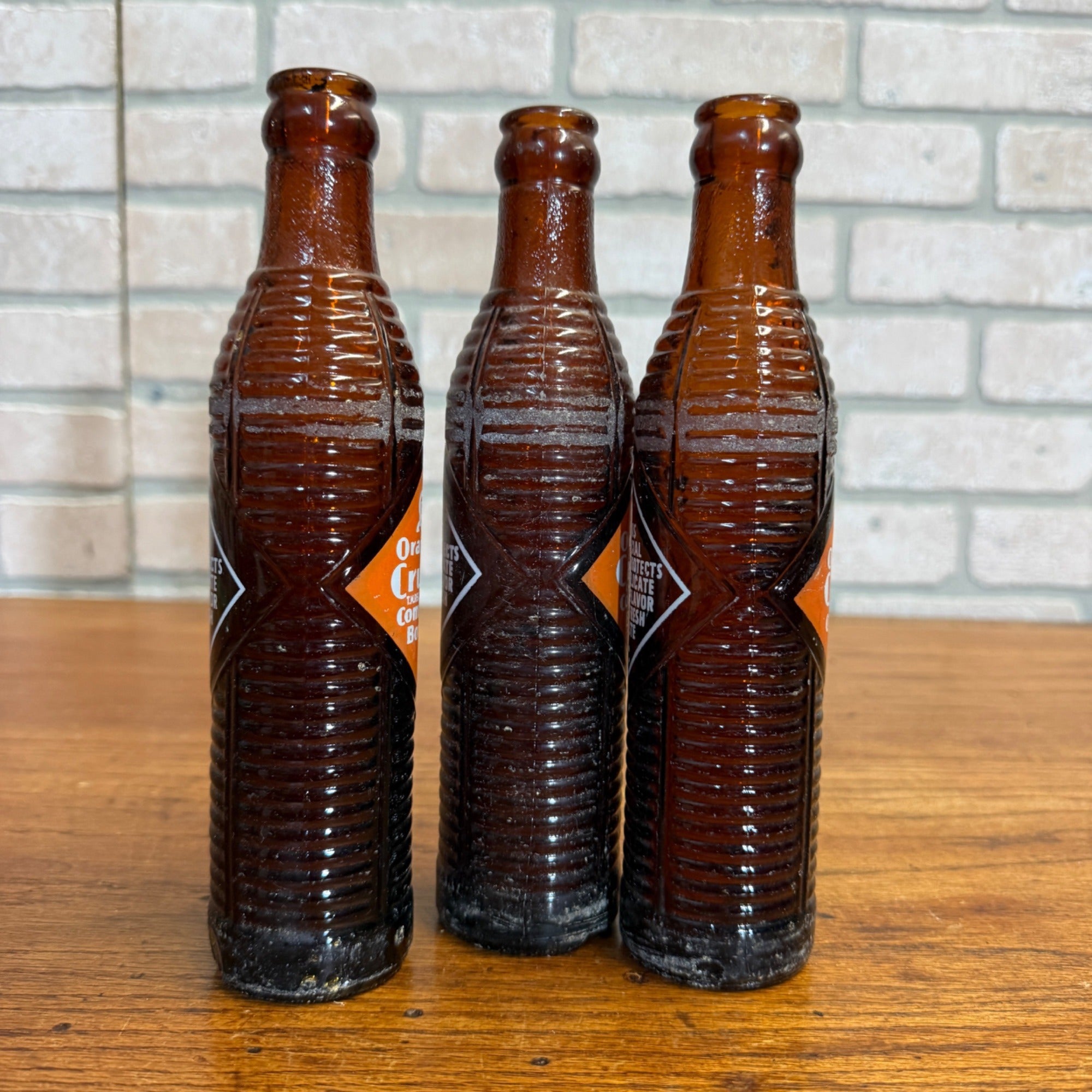 (3) 1930s Amber Orange Crush Soda Bottle Lot 6oz Kewaunee Wis 9" Tall