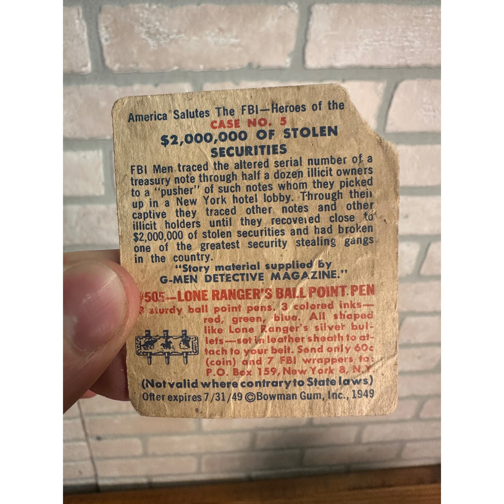 1949 Bowman "America Salutes The FBI-Heroes of the Law" Stolen Securities - As-Is