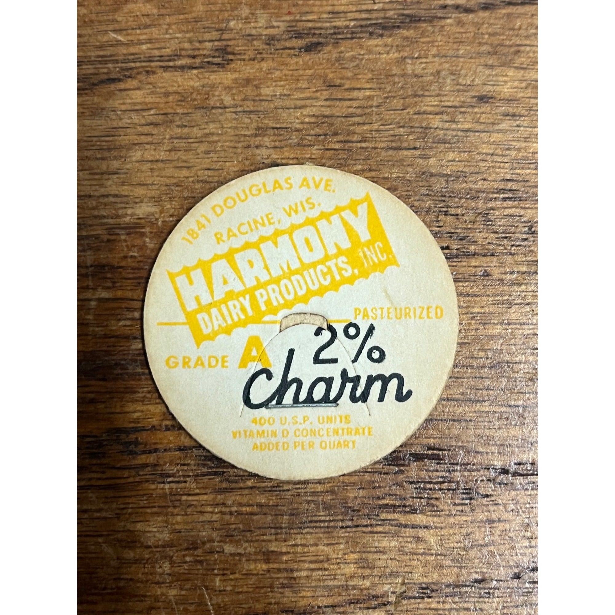 Milk Cap Harmony Dairy 2% Charm Racine, Wis WI Wisconsin