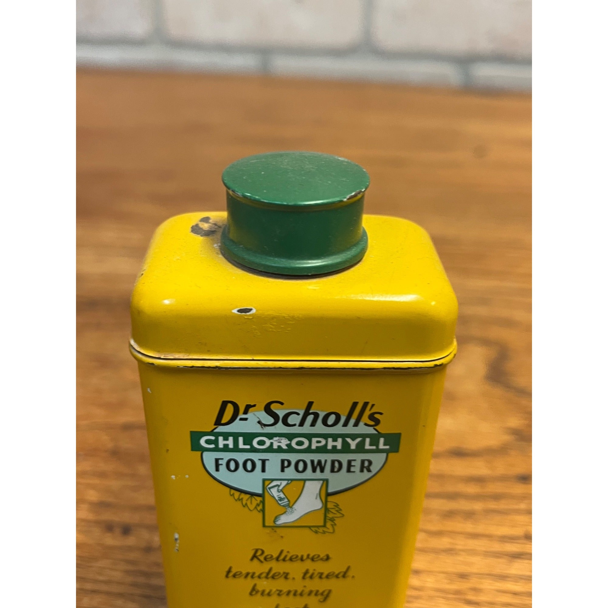 Vintage Dr Scholl's Chlorophyll Foot Powder Tin Advertising Shaker Can Empty