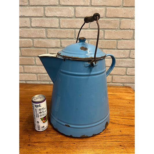 Antique Primitive LARGE Blue 13" Enamelware Coffee Pot w/ Handle Farmhouse Rustic