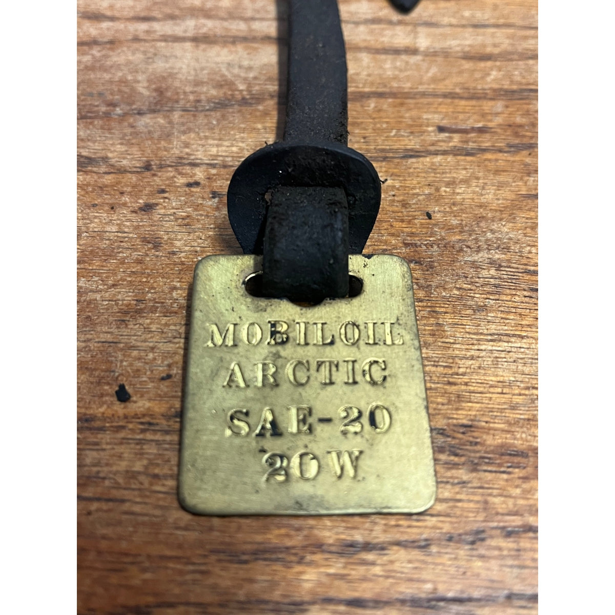 Vintage Mobiloil Arctic Brass Tag Bulk Oil Sign 1920s Leather Strap Mobil