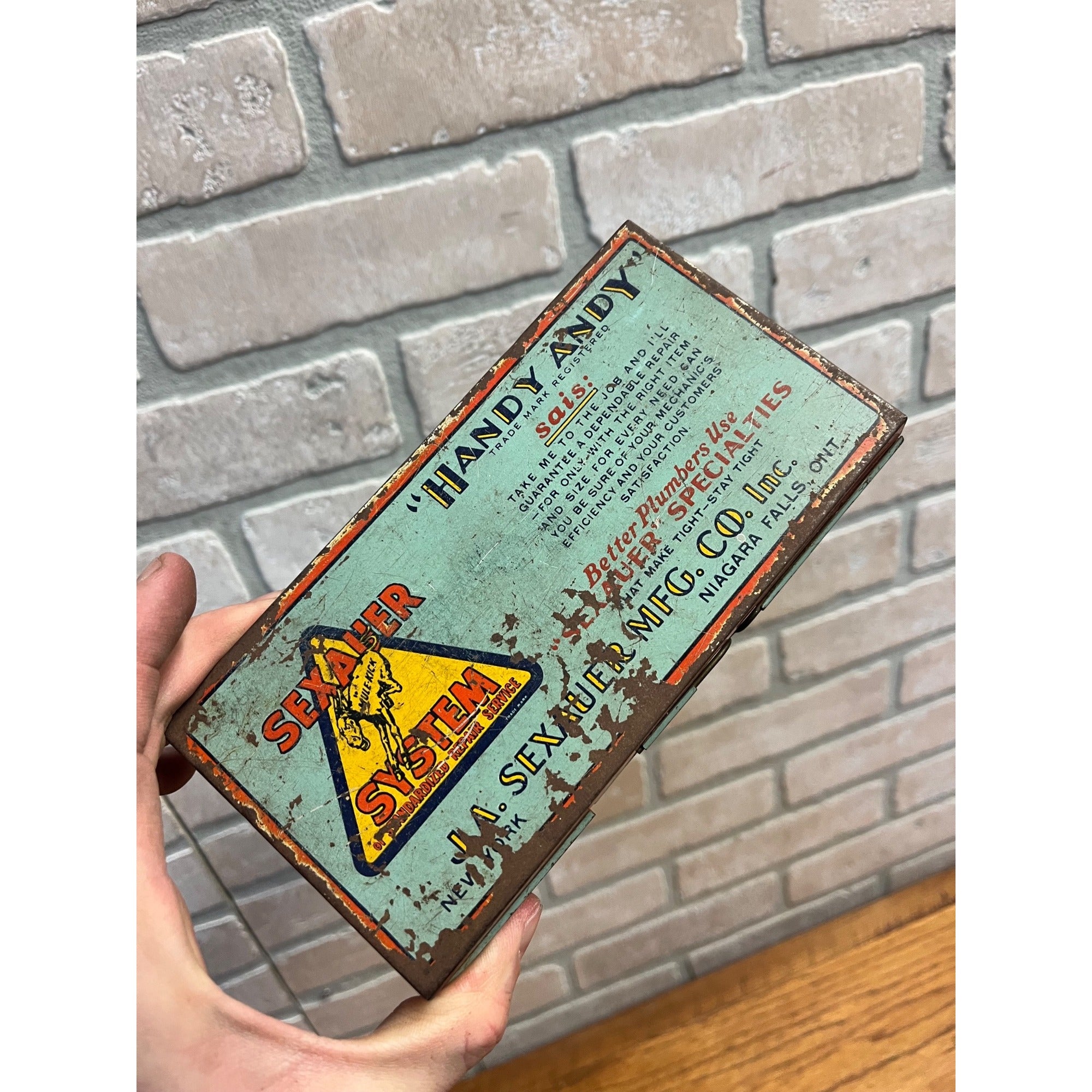 Vintage 1930s Sexauer System Handy Andy Tin Washer Box Mule Kick Advertising