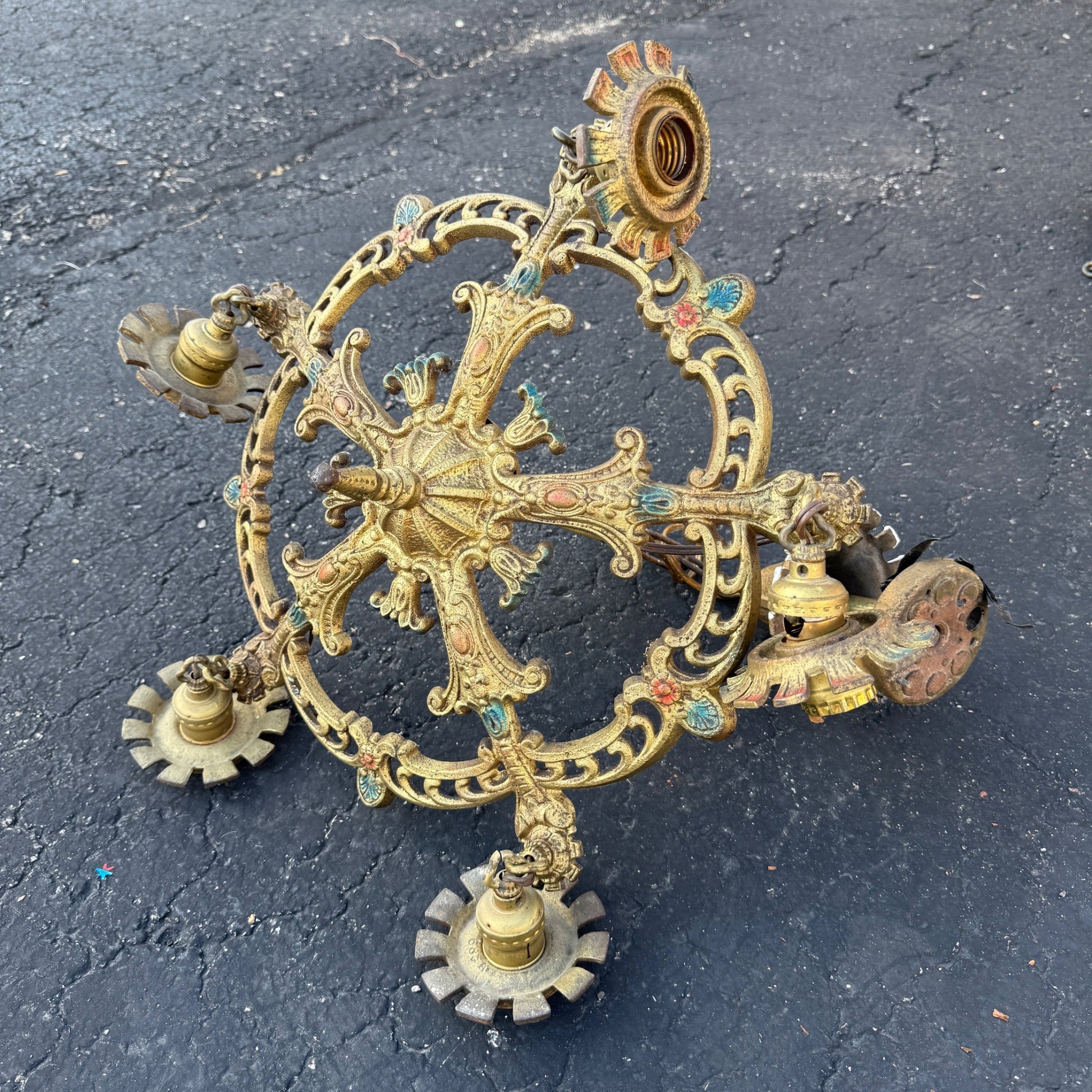 Art Nouveau Era 5-Point Light Fixture Ornate Gold Floral