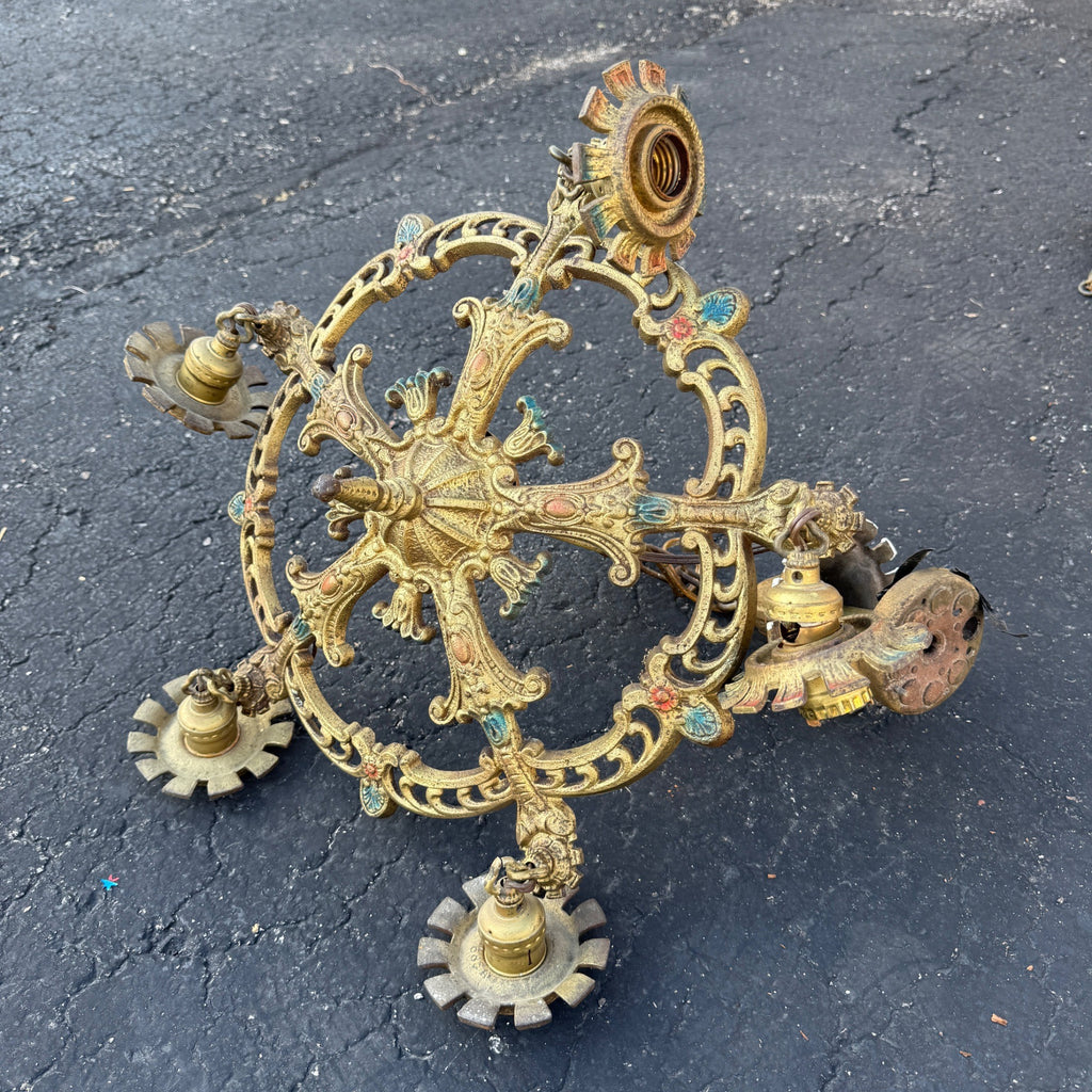 Art Nouveau Era 5-Point Light Fixture Ornate Gold Floral