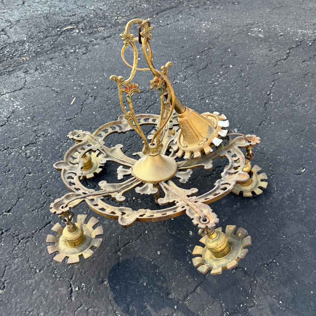 Art Nouveau Era 5-Point Light Fixture Ornate Gold Floral