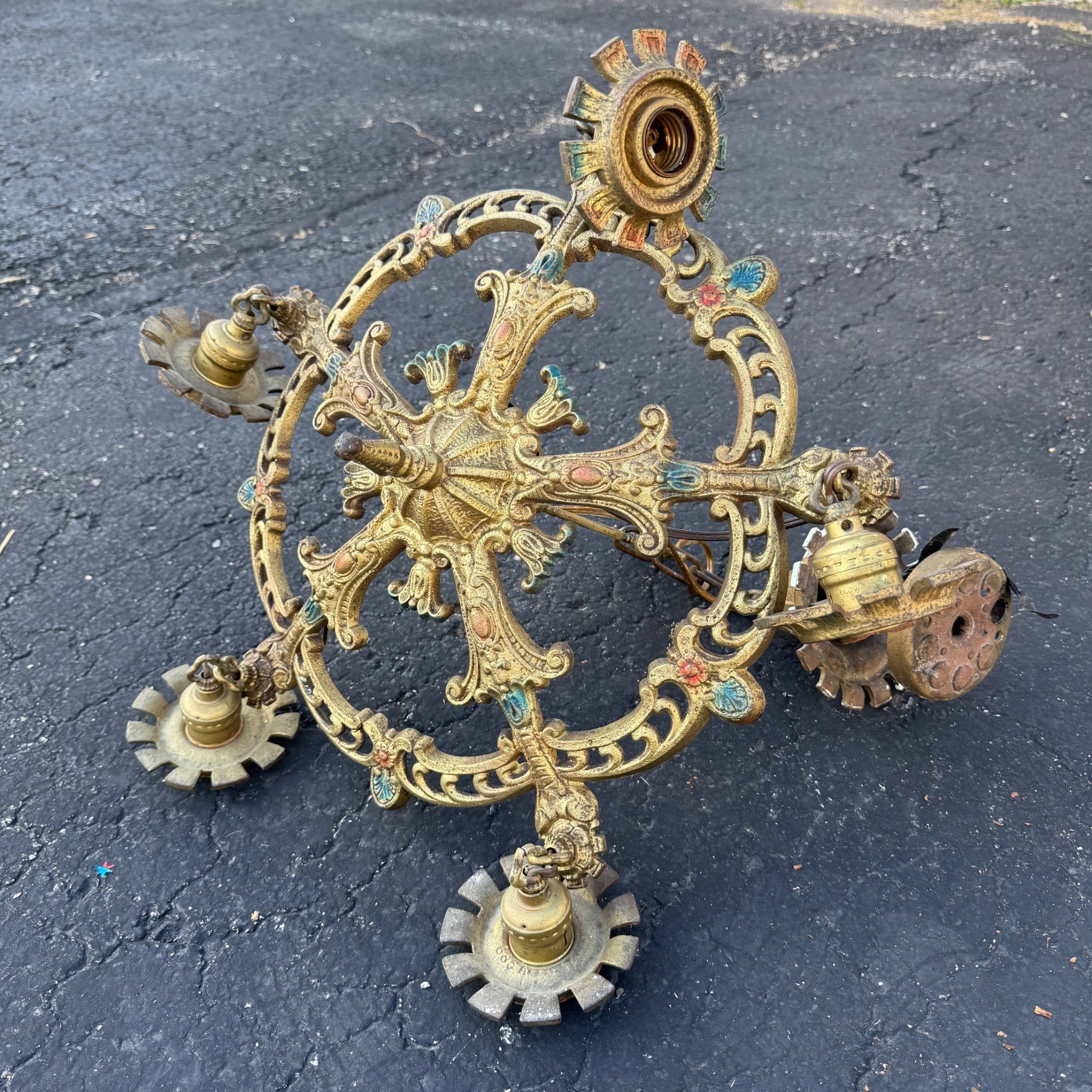 Art Nouveau Era 5-Point Light Fixture Ornate Gold Floral