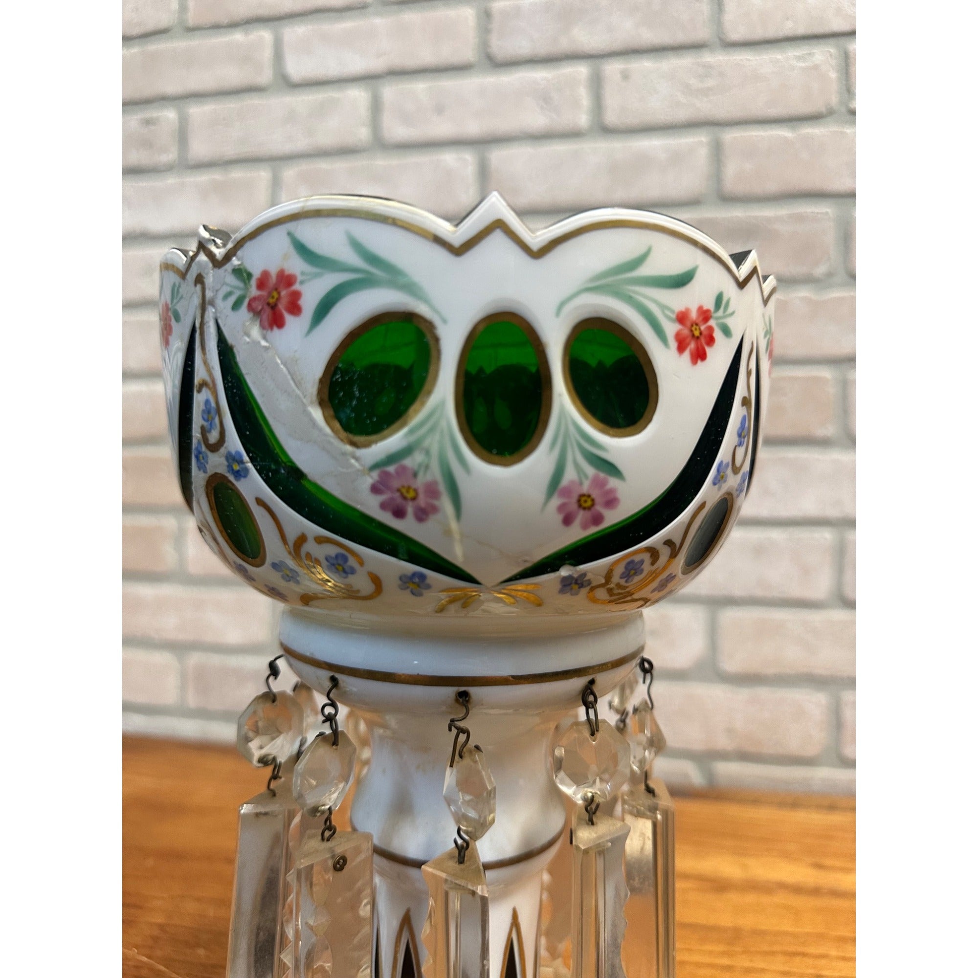 Victorian Era Pair of Czech/ Crystal, Bohemian Mantle Luster Lamps White & Green