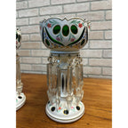 Victorian Era Pair of Czech/ Crystal, Bohemian Mantle Luster Lamps White & Green