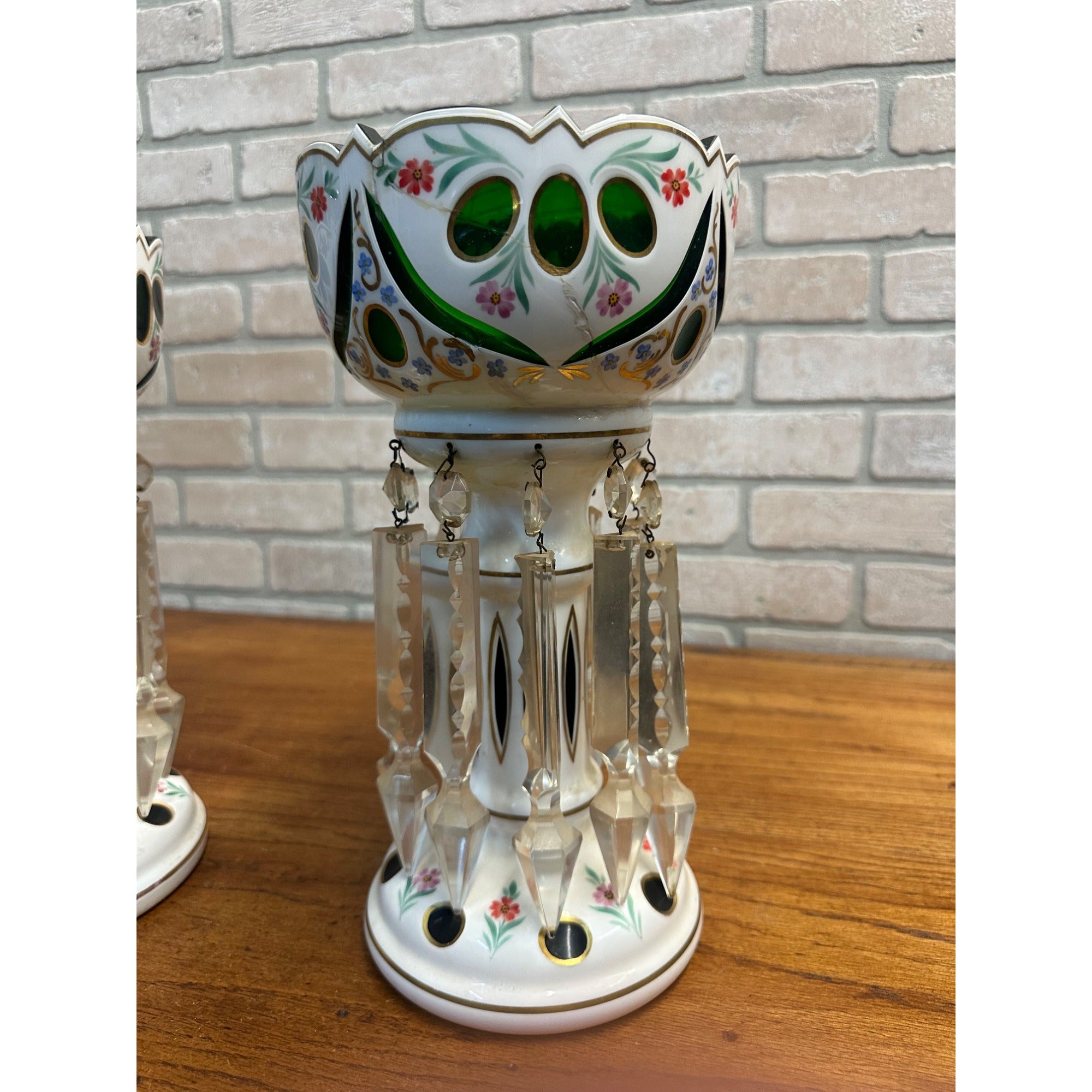 Victorian Era Pair of Czech/ Crystal, Bohemian Mantle Luster Lamps White & Green
