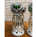 Victorian Era Pair of Czech/ Crystal, Bohemian Mantle Luster Lamps White & Green