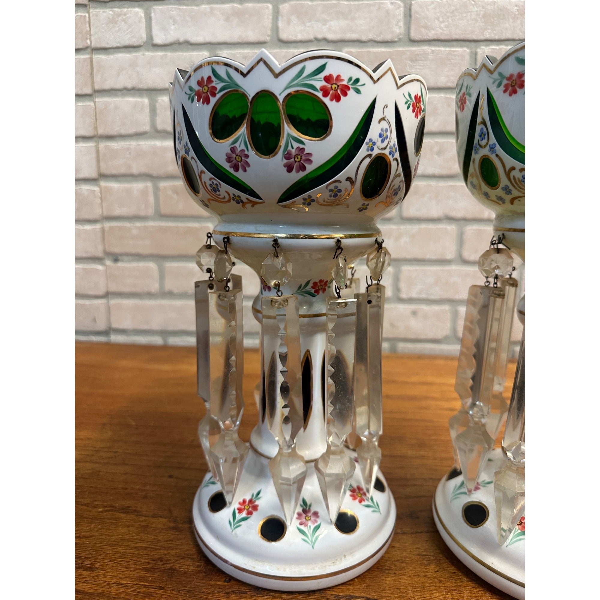 Victorian Era Pair of Czech/ Crystal, Bohemian Mantle Luster Lamps White & Green