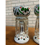 Victorian Era Pair of Czech/ Crystal, Bohemian Mantle Luster Lamps White & Green
